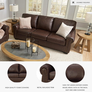 Traditional Leather Match Sofa with Nailhead Trim, Dark Brown