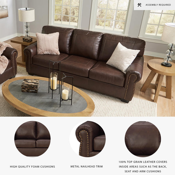 Traditional Leather Match Sofa with Nailhead Trim, Dark Brown