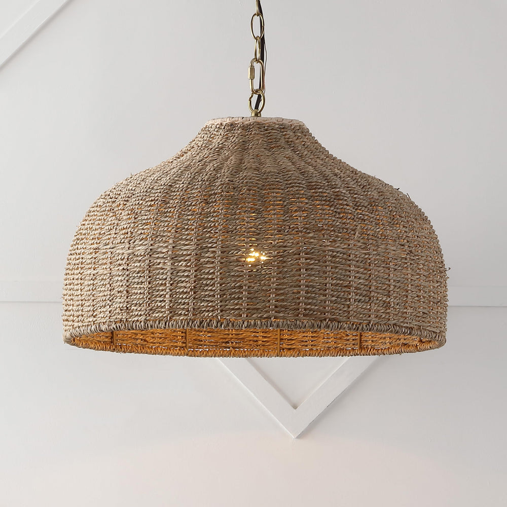 Rattan & Iron Dome Pendant Light – Adjustable Height, LED Included