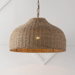 Rattan & Iron Dome Pendant Light – Adjustable Height, LED Included