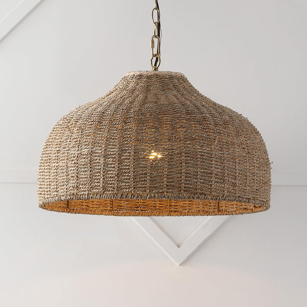 Rattan & Iron Dome Pendant Light – Adjustable Height, LED Included