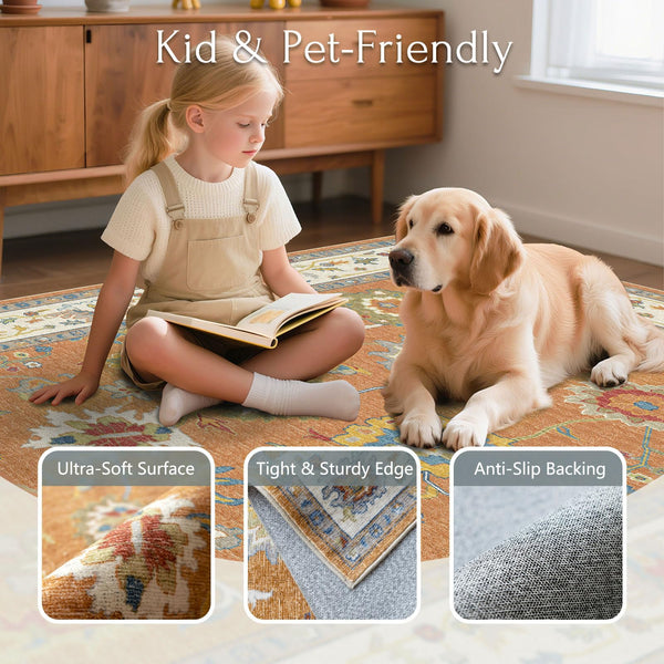 Oushak Washable Area Rug – Orange Ochre Floral, Non-Slip, Machine Washable