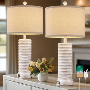 Farmhouse Table Lamps Set of 2 with USB Ports – Rustic Bedside & Living Room Lighting