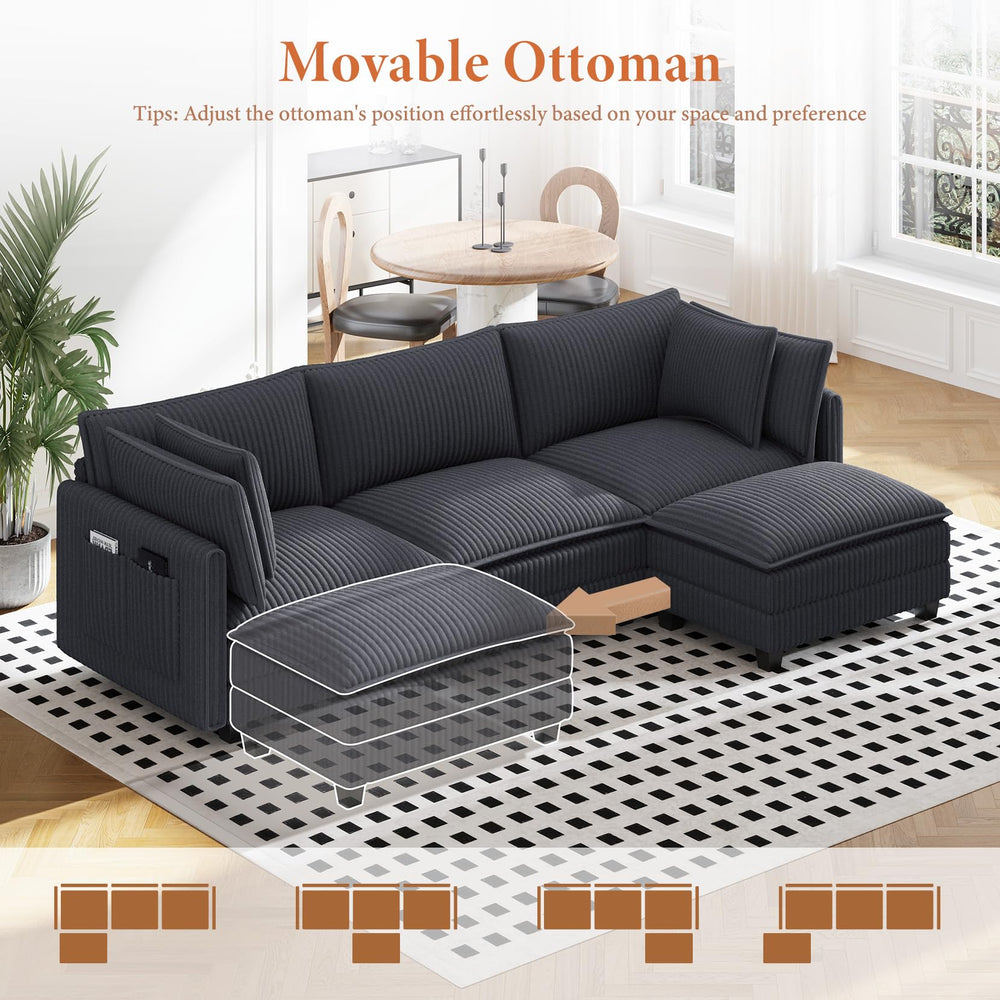 109" L-Shaped Corduroy Sectional Sofa with Ottoman