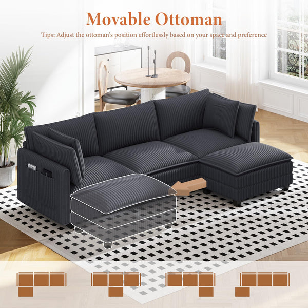 109" L-Shaped Corduroy Sectional Sofa with Ottoman