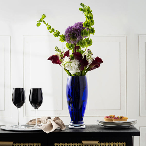 Cobalt Blue Glass Footed Round Vase 12 Inch