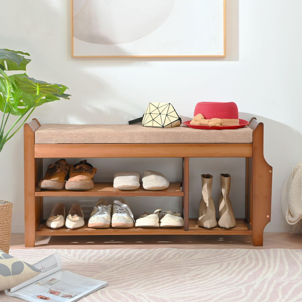 Bamboo Entryway Shoe Storage Bench with Cushion