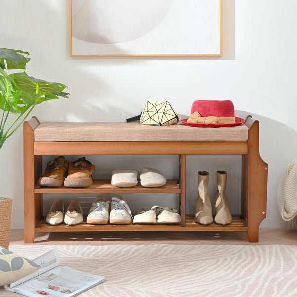 Bamboo Entryway Shoe Storage Bench with Cushion