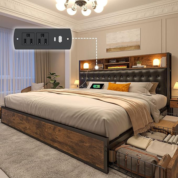 Queen Bed Frame with Storage Drawers & Charging Station