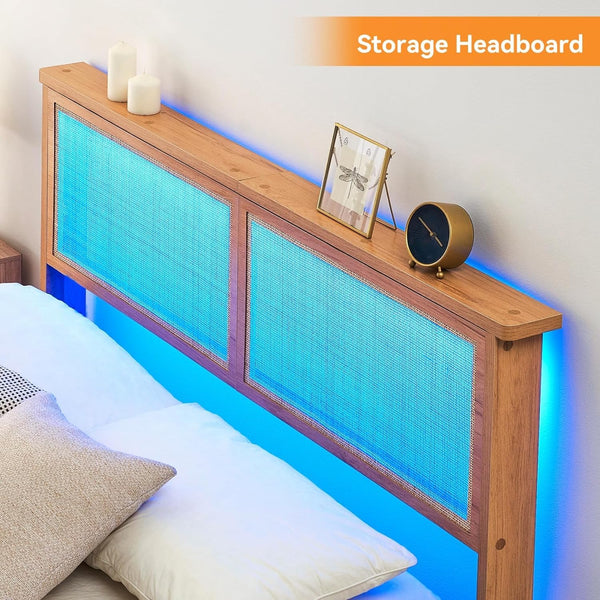Rattan Platform Bed Frame with LED Lights & Storage