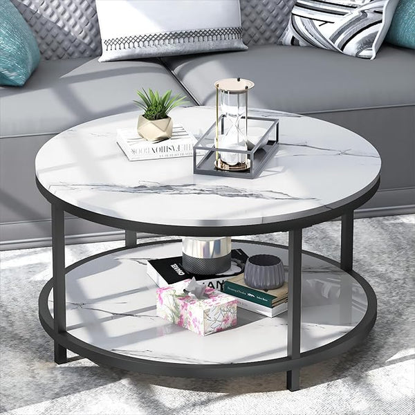 Round Coffee Table with Open Shelf, 33.5" Faux Marble Top, Gold Metal Legs