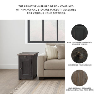 Rustic Chair Side End Table with Pull-Out Tray & USB Ports