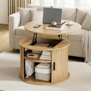 Round Lift Top Coffee Table with Hidden Storage & Fluted Sliding Door