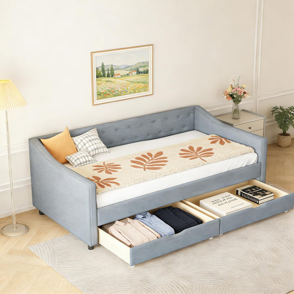 Upholstered Daybed with Storage Drawers | Linen Sofa Bed Twin & Full