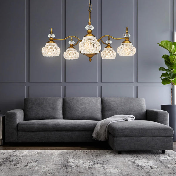 5-Light Vintage Brass Crystal Chandelier