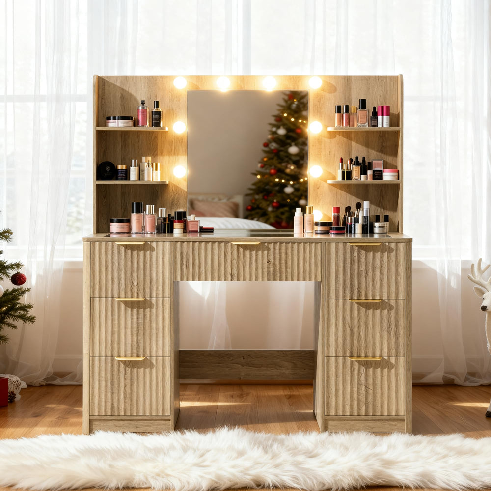 47" Fluted Makeup Vanity Desk with Mirror & LED Lights