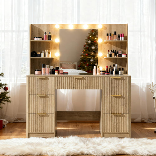 47" Fluted Makeup Vanity Desk with Mirror & LED Lights
