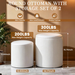 Set of 2 Round Velvet Storage Ottomans with Lid – Stackable Footstool Pouf Set