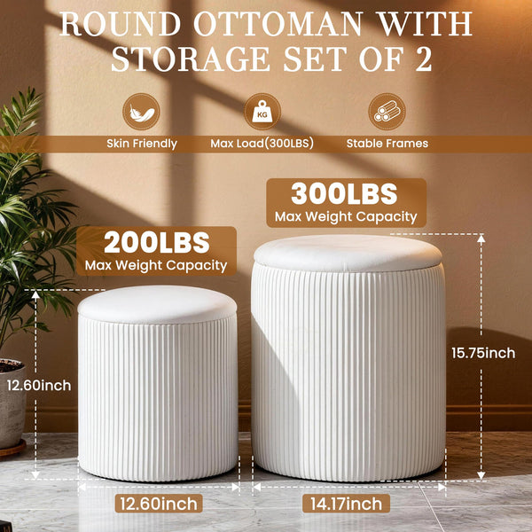 Set of 2 Round Velvet Storage Ottomans with Lid – Stackable Footstool Pouf Set