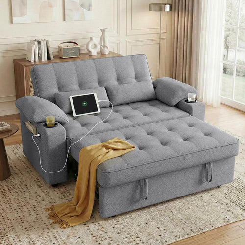58" Convertible Sofa Bed with USB Charger & Cup Holders – Teddy Fabric Loveseat