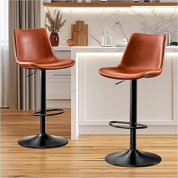Adjustable Bar Stool Set of 2 – Microfiber Leather, Metal Frame