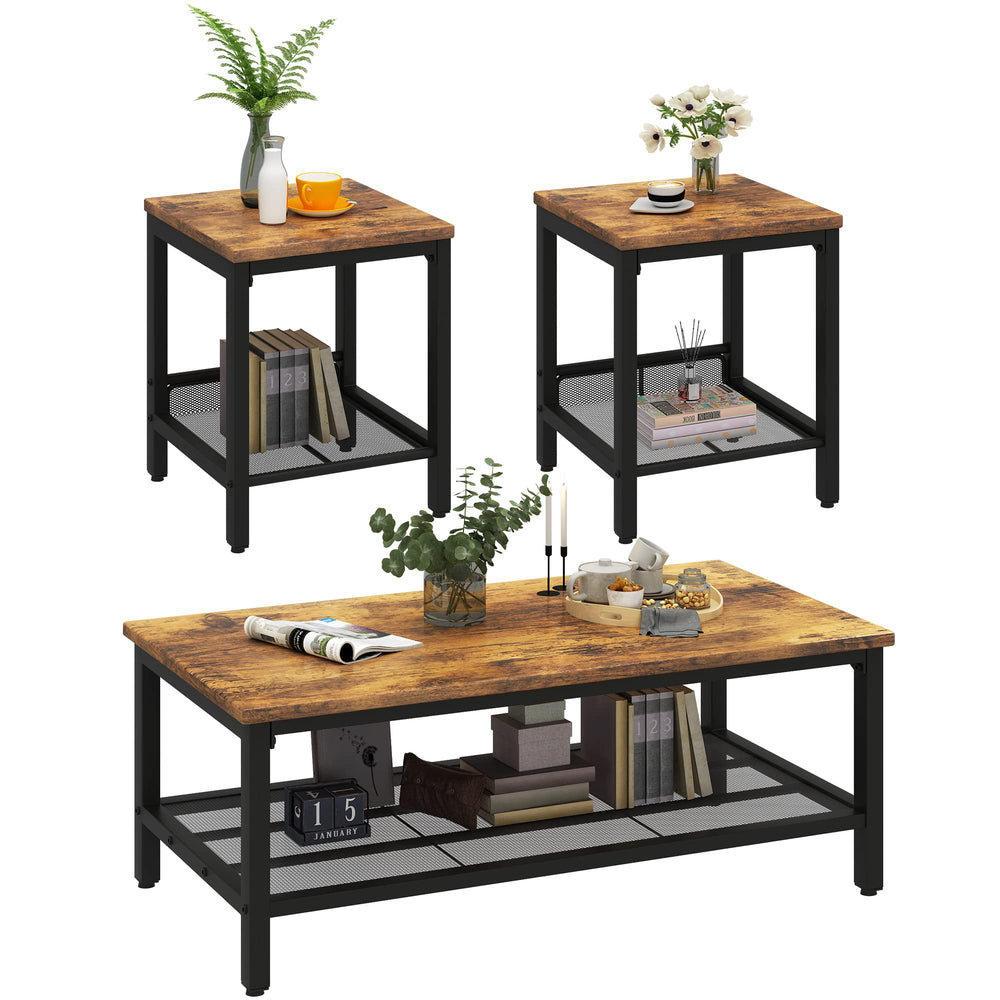 3-Piece Industrial Coffee Table Set with 2 End Tables