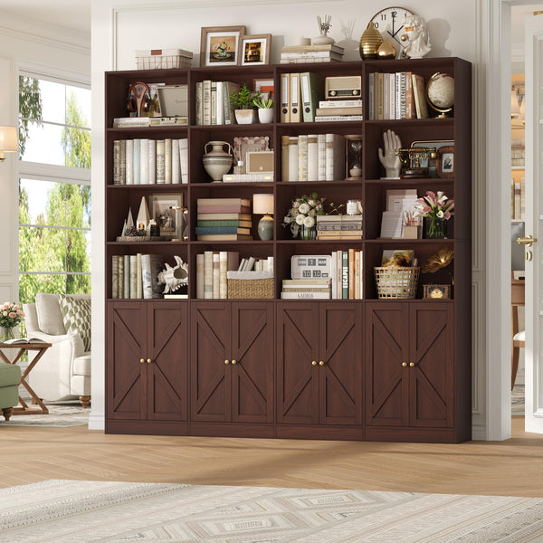 6-Tier Farmhouse Bookshelf with 8 Doors, 74.1" Wide