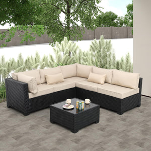 6-Piece All-Weather Wicker Patio Sectional Set with Glass Table