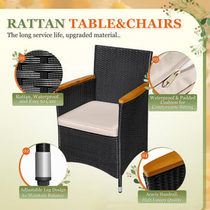 7-Piece Outdoor Patio Dining Set with Rattan Chairs & Acacia Wood Table