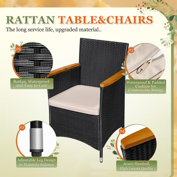 7-Piece Outdoor Patio Dining Set with Rattan Chairs & Acacia Wood Table