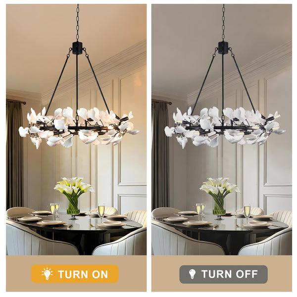 28-Light Ceramic Ginkgo Leaf Branch Chandelier – 35.5" Round Modern Pendant Light