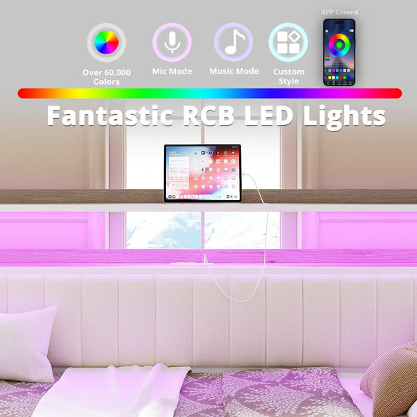 Daybed with Trundle, LED Lights & Charging Station – Metal Sofa Bed with Storage Shelves