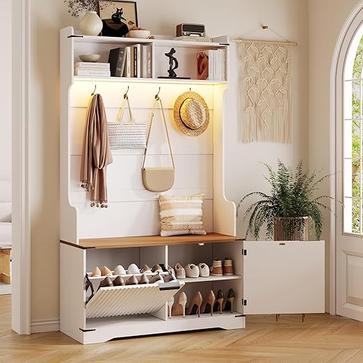 Hall Tree with Bench, Shoe Storage & LED Light