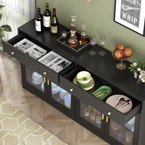 55" Sideboard Buffet Cabinet with LED Lights & Glass Doors