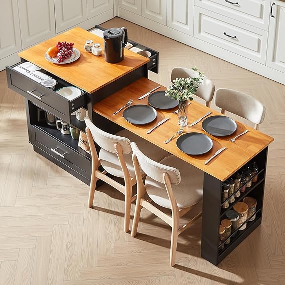Extendable Kitchen Island with Dining Table & Storage