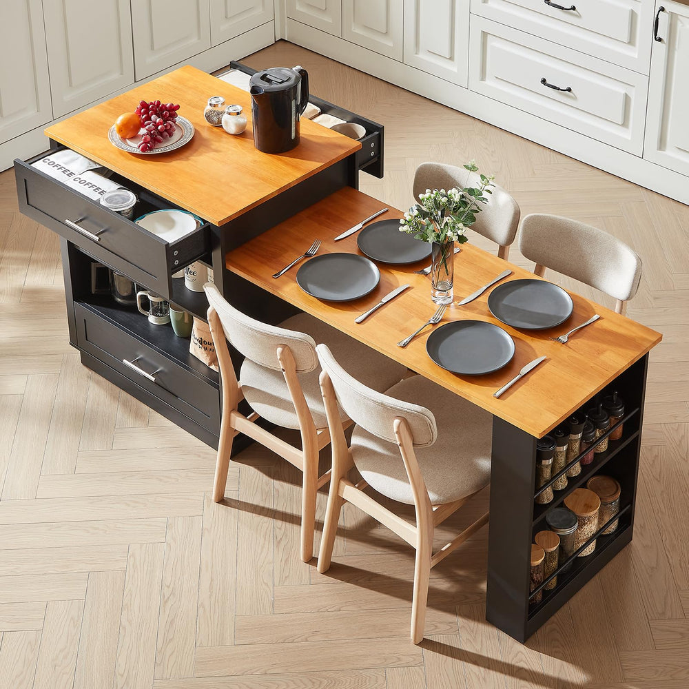 Expandable Kitchen Island with Dining Table & Storage