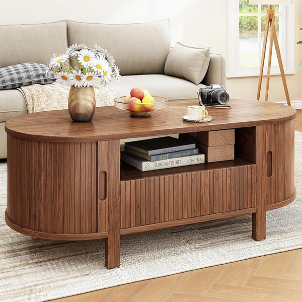 47.2" Oval Coffee Table with Storage, Drawer & Sliding Door