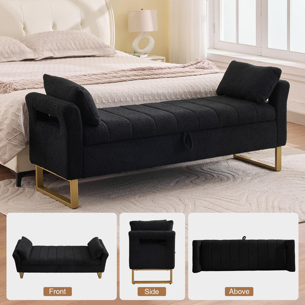 King Size Storage Bench with Arms, Boucle Fabric, Gold Legs, 2 Pillows