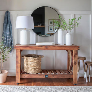 Acacia Wood Farmhouse Narrow Console Table with Lower Slat Shelf