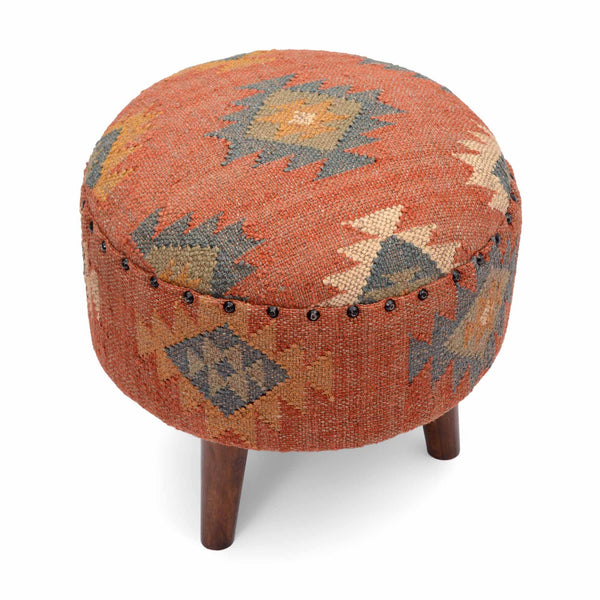 Round Jute Pouf Ottoman with Wooden Legs