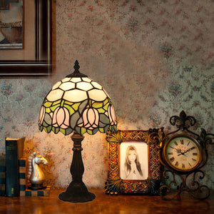 Tiffany Style Stained Glass Table Lamp with Pink Tulip Pattern