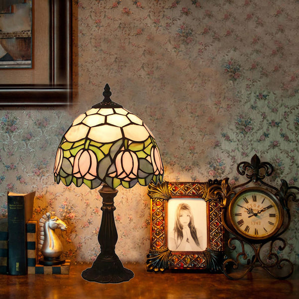 Tiffany Style Stained Glass Table Lamp with Pink Tulip Pattern