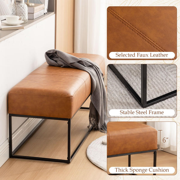 47" Faux Leather Entryway Bench with Metal Frame