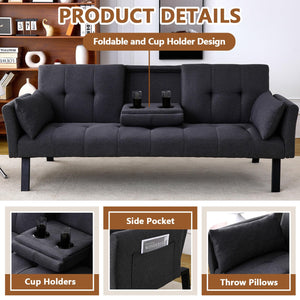 Convertible Velvet Futon Sofa Bed with Cup Holder