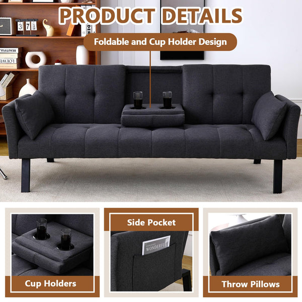 Convertible Velvet Futon Sofa Bed with Cup Holder