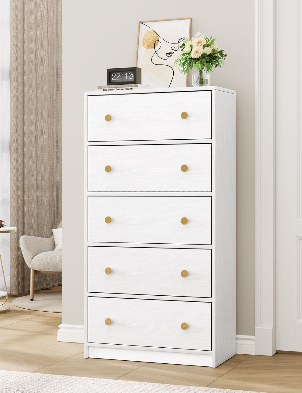 5-Drawer Fabric Dresser with Wood Top – White Storage Tower