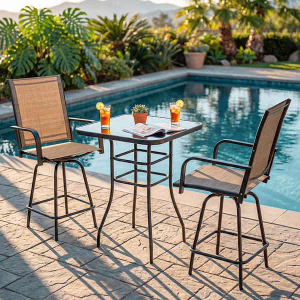 3-Piece Outdoor Patio Bar Set – High Top Table & 2 Swivel Bar Stools