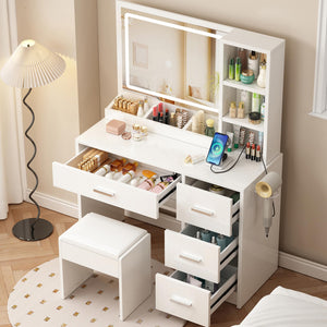 Vanity Desk with Mirror, Lights & 4 Drawers – Makeup Table Set with Stool