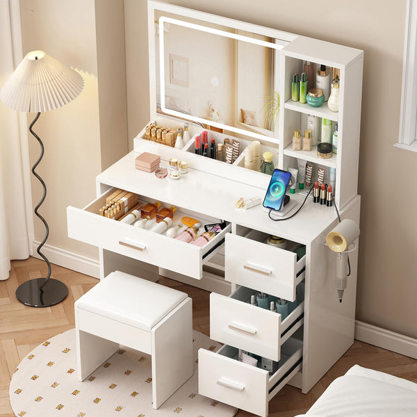 Vanity Desk with Mirror, Lights & 4 Drawers – Makeup Table Set with Stool