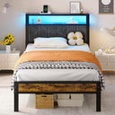 Platform Bed Frame with LED Lights & Charging Station – Storage Headboard, Metal Slats